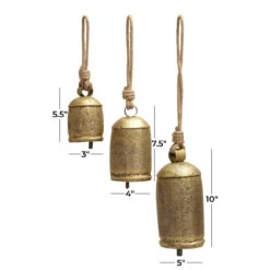 Metal Tibetan Inspired Meditation Decorative Cow Bell With Jute Hanging Rope, Set Of 3 10",8",6"H, Bronze -Chirst Seasonal Home Store 26718 3 41088.1694626122