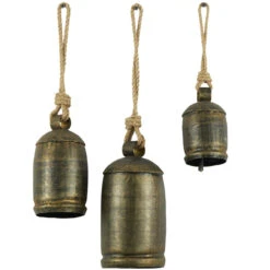 Metal Tibetan Inspired Meditation Decorative Cow Bell With Jute Hanging Rope, Set Of 3 10",8",6"H, Bronze