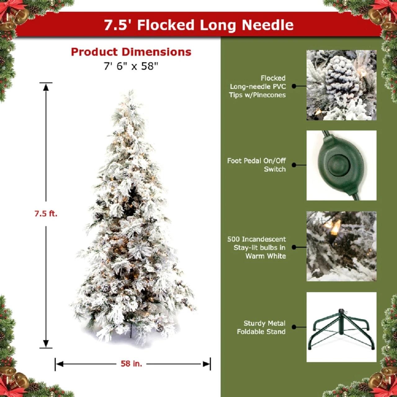 7.5' Flocked Pine Long Needle Prelit Artificial Christmas Tree 8 7.5' Flocked Pine Long Needle Prelit Artificial Christmas Tree - Image 8